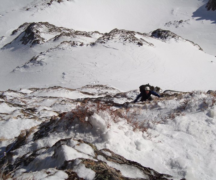 View from atop our P1 looking down the route. Scottish grade probably with all the snow/ice and frozen turf.