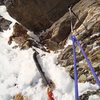Part of my anchor atop P1.  I used a piton and my ice tool in frozen turf.  The anchor building options are slim and I ran out of gear!