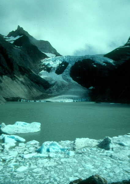 Patagonia ice cap sends icebergs into a lake on the trek around the Torres del Pine in Chile
