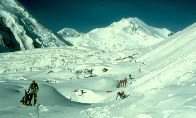 Crevasses on Muldrow glacier. Denali. A glacier is a river of ice. The ice is somewhat elastic, but will crack as it moves downhill, much as a river produces cascades and falls as it descends more steeply to lower elevations.