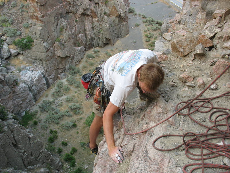 Dave Klug following me up the second pitch of Spider Pig 5.9 on the First Ascent.