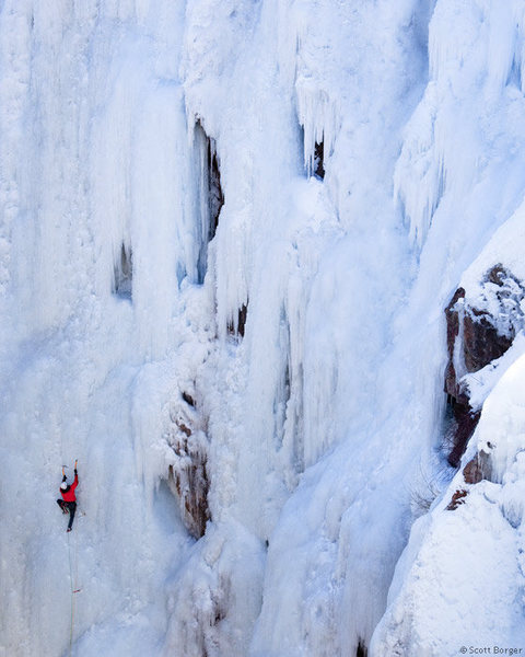 Me getting sated on the lead of 'Pick o the Vic' (WI4) in the Ouray Ice Park. Photo courtesy of Scott Borger.