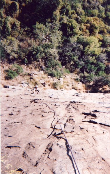 Dan Millis following pitch one, a bit run-out, but solid and beautifully featured rock which is somewhat apparent in this somewhat blurry shot.