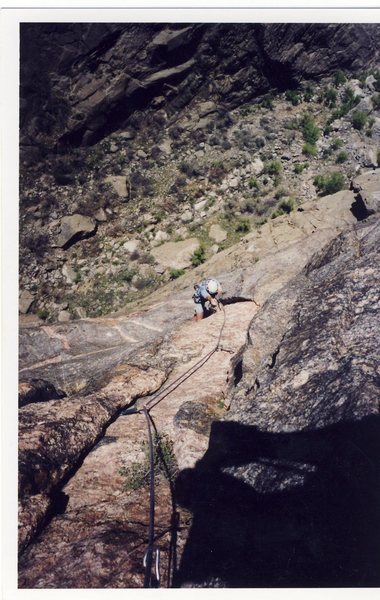 Finishing the "peg flake" on the Peg traverse. Photo by Josh Janes.