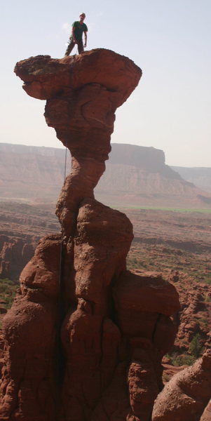 On top of The Cobra, Fischer Towers, Utah. Terrifying! We even cheaten and aided a manky old piton to avoid the 11c R Mantle.