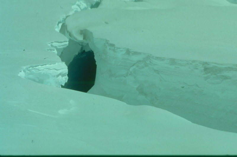 Crevasse in the Kahiltna Glacier, Denali, AK. These crevasses begin to open in late June (or earlier).