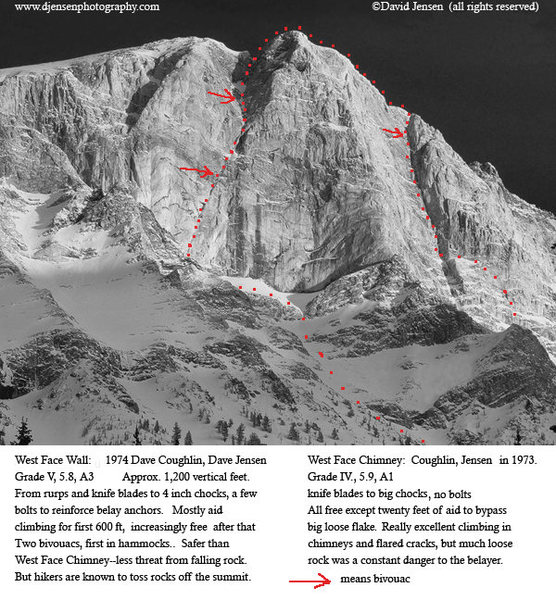 The awe inspiring West Face of the Matterhorn. Photographer Dave Jensen. The routes are drawn in.