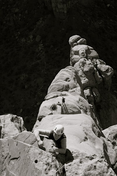 Annie coming over the crux of Otto's Route.