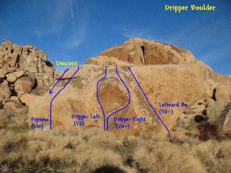 Photo/topo for the Dripper Boulder, Joshua Tree. <br>