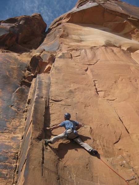 Bill Flaherty stems into the pending crux moves.