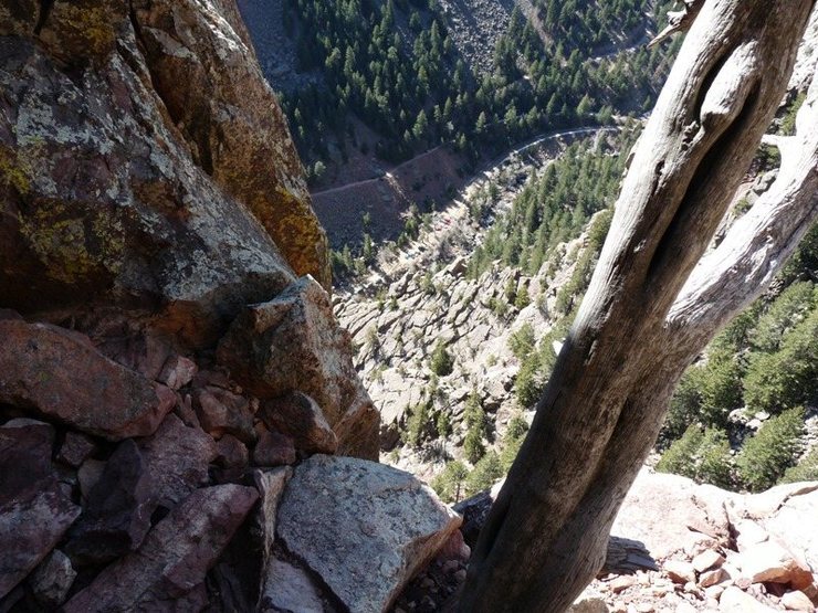 Looking down from the belay after pitch 4.