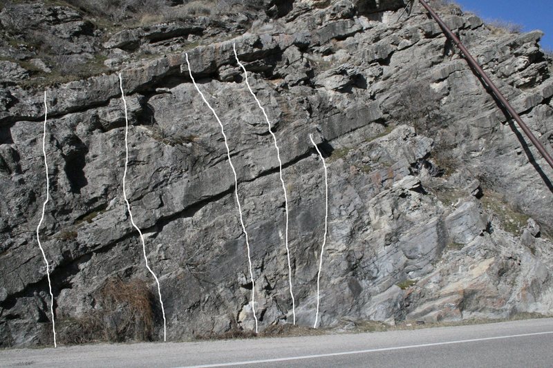 Date Wall Routes from left to right:<br>
1. The Flirt 5.8<br>
2. Twitterpation 5.8<br>
3. Smitten 5.10a<br>
4. Hooked 5.10a<br>
5. NCMO 5.6