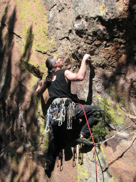 Approaching the crux sequence on the FA.<br>
<br>
Photo: Cory Fleagle.