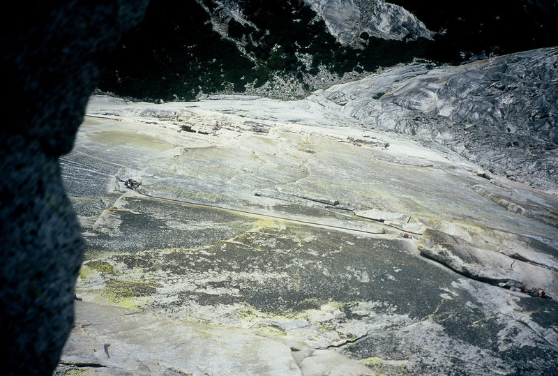 Looking down at the Thank God ledge traverse. Regular NW Face Halfdome. 2000.