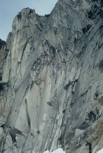 Rope solo on the Mc Tech Arete. Bugaboos. 1997? There are three climbers in this image- can you spot them? Hint- I am above my pack wearing tan clothing.