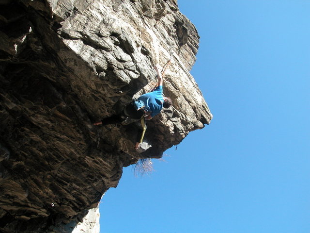 The very difficult stab crux of Stone Cold Modern....