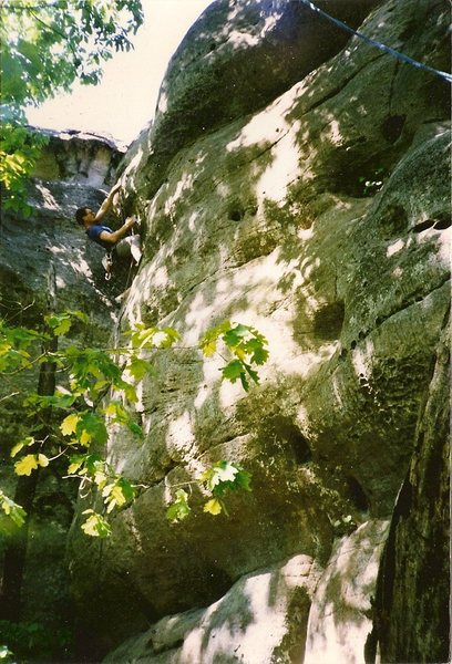 Alex on 1st ascent, starting the crux.