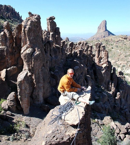 My man Drew Marquardt belaying on L. Ron Hoover 5.10c/d after we added two bolts to the start. Behind him on top of Billy Idol Tower are Carter and Lucas.