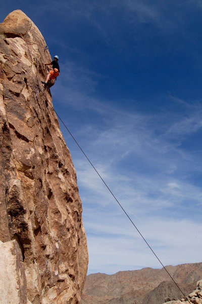 Max nears the top of Silent Scream, on Pixie Rock in Indian Cove.