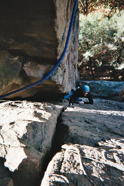 Me, on Carey Corner, shortly after falling and hitting the ledge because my belayer couldn't see me. It was a short fall though.