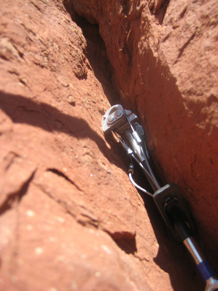 This is the crux piece for the aid move. Only two of the cams were engaged in the flaring crack... I wish I had offsets.