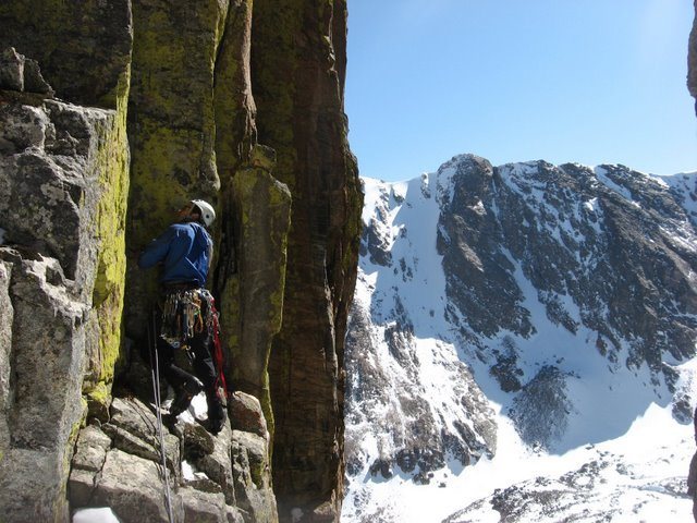 Chris Sheridan starting up the summit spire of the Foil after exiting Dog House on 3-14-09. Photo by Andy Grauch.