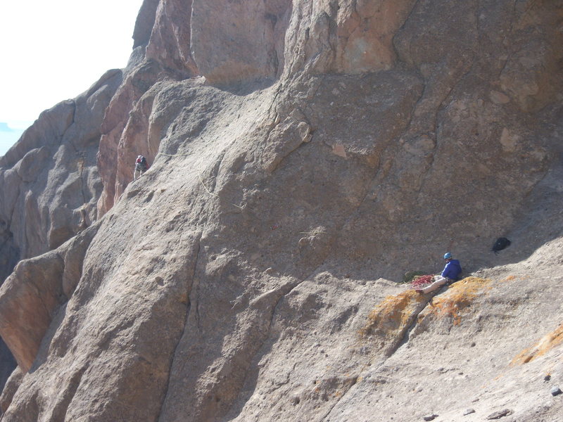 The "classic" traverse pitch. Ben is on route. There are additional pins/drives above him that lead off route.