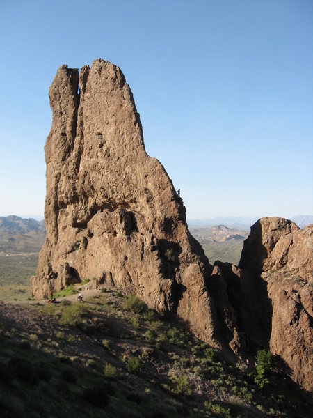 The Hand from the south. Leader is 15m below the saddle belay of Razor's Edge. Photo by John Hinson.