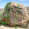 Xenolithic Boulder (West Face), Joshua Tree NP<br>
<br>
A. Greenhorn Route (V-easy)<br>
B. Email (V3)<br>
C. Enclave (V-easy)<br>
D. Autolith (V0)<br>
E. Xenocryst (V1)