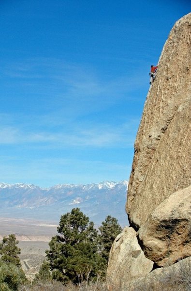 Greg Smith nearing the top of the spectacular arete.