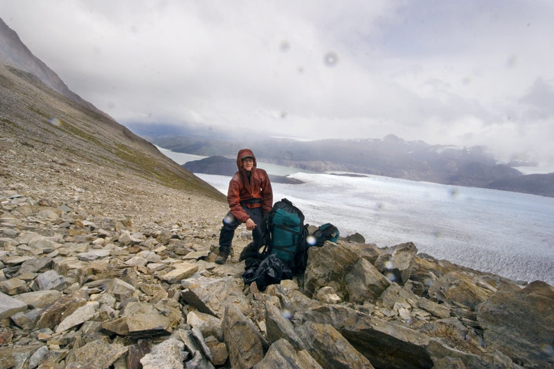 Backpacking in Torres Del Paine National Park, above the Grey Glacier, part of the Southern Patagonian ice cap