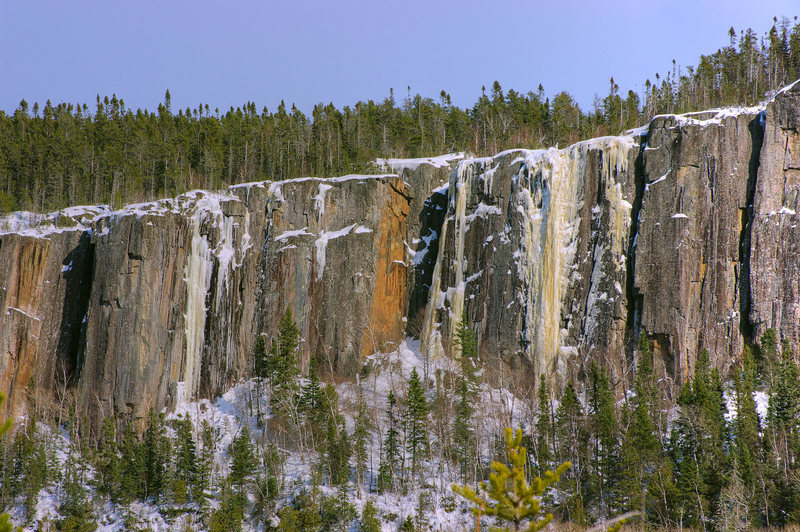 Incredible-looking Icebreakers (the yellow icefall). View from Domtar 81 road. To the left are: Kama Bay Cakewalk, Icebreaker Arete, and Whimpsickle. 15 March '09.