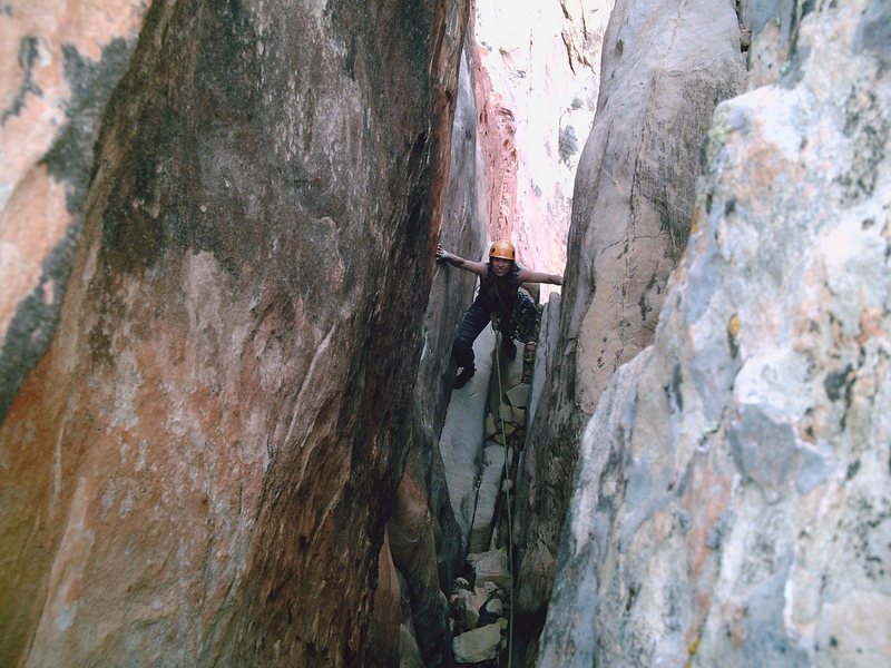 Joanne getting into the exit chimney.