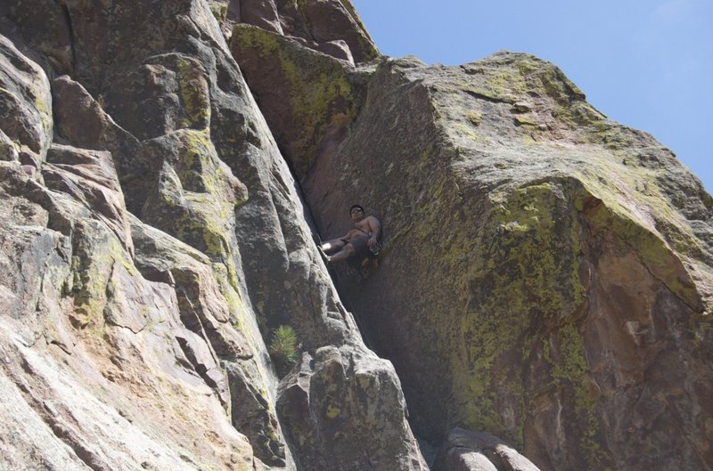 In the dihedral...taking time out of the first Eldo lead of the season to enjoy the air conditioning coming out of the crack during the unseasonably warm day on 3/22/09. Hey, not only was I out of shape for climbing, I was out of shape for being used to warm days!