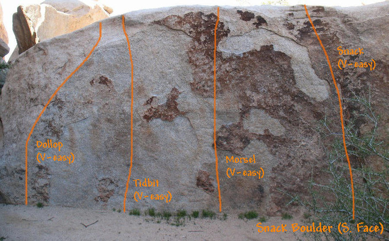Photo/topo for the Snack Boulder (South Face), Joshua Tree NP