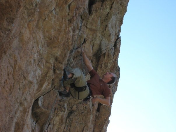 Shaking out at a good rest on The Breeze, 5.11c, before launching into the redpoint crux. Mount Lemmon, AZ.