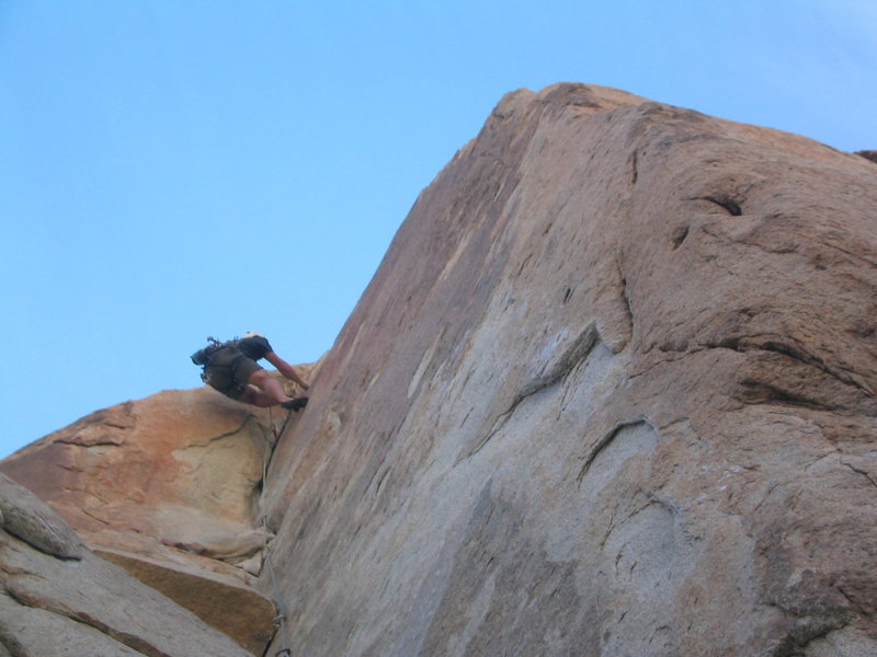 Good friend, Eric, on the layback crux at the top. Thank goodness I got to TR this one! Whew!