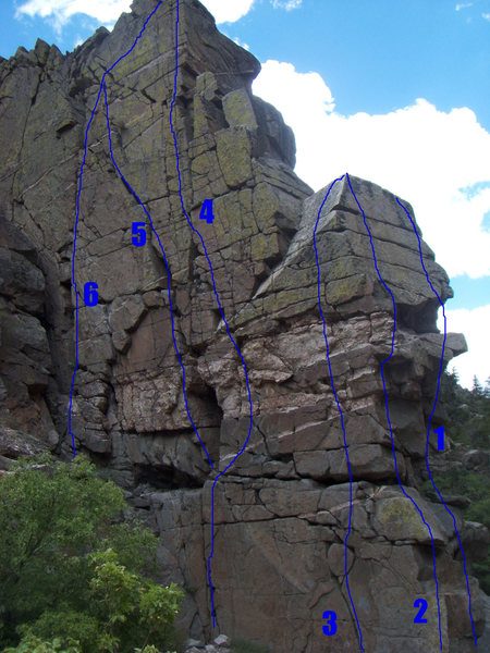 West and south faces of Airy Block with routes drawn in. 1 -South Face Right Side(5.11), 2 - South Face Left Side(5.9), 3 - West Face Right Side(5.8), 4 - West Face Middle (5.10), 5 - West Face Middle Variation (5.10), 6 - West Face Left Side(5.9)