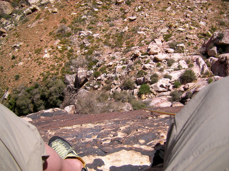 The view down from the tiny ledge at the top of pitch 5, Birdland.