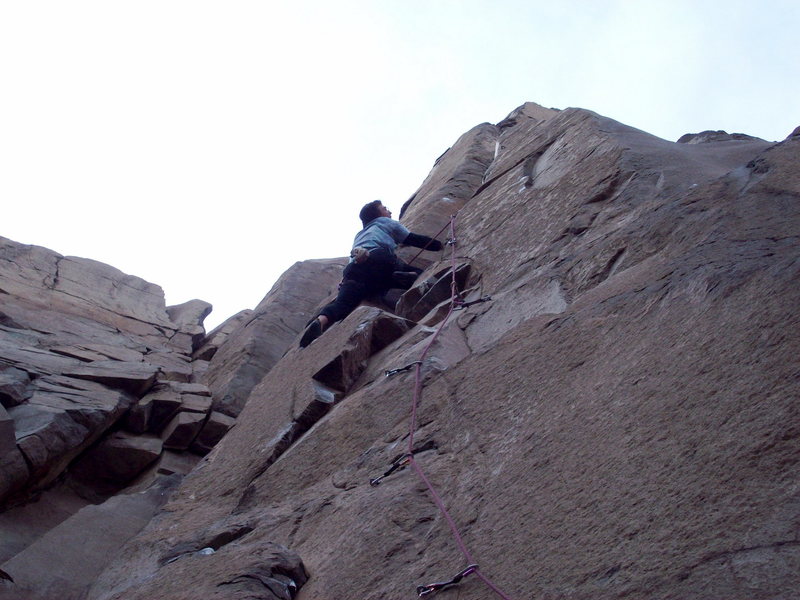 Approaching the steep dihedral section on Misty 5.11d. Crater Crag.