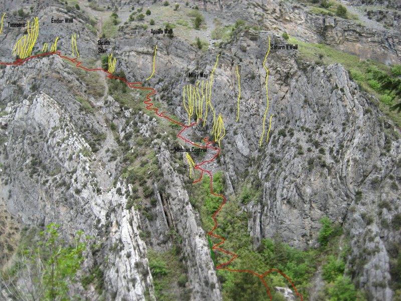 Red Lines= Trails and landings<br>
Yellow Lines= Routes<br>
Walls have been identified in the photo for reference.