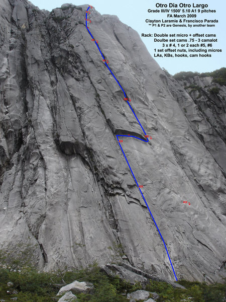 Topo of Otro Dia Otro Largo. Two notes. 1. the first two pitches were previously established by Ben Deering and others as Genesis. 2. Be CAREFUL on the rap from the right side of the roof. it is a FULL 60 meters!