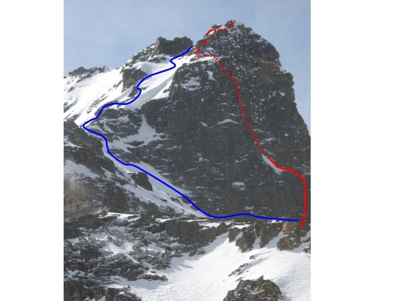 Red line is the route, blue line is the descent we took.