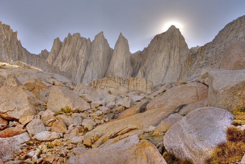 Sun setting behind Mt. Whitney from the approach to Iceberg lake.