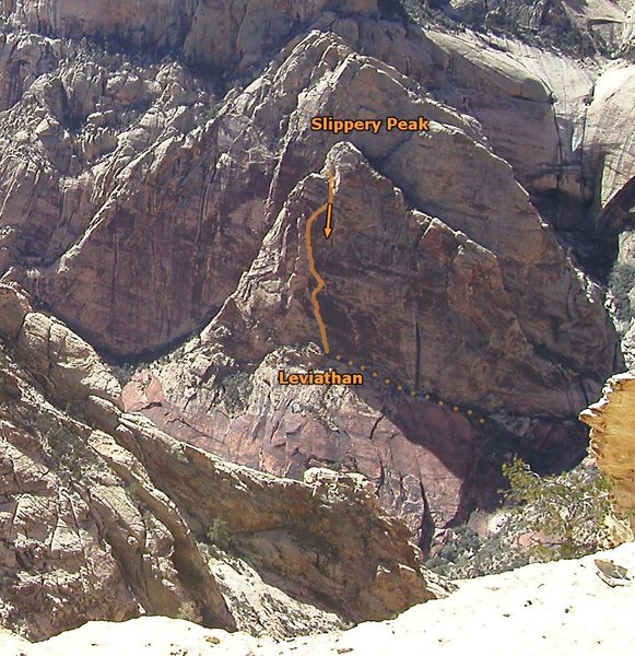 Leviathan goes up the huge flake on Slippery Peak.