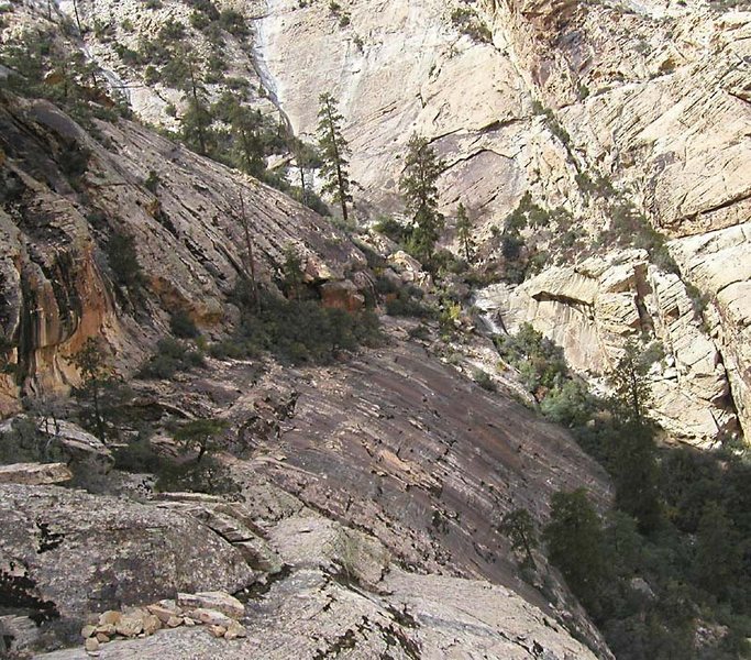 Possible descent/escape route follows the Crow's Nest Ledge back into the canyon.