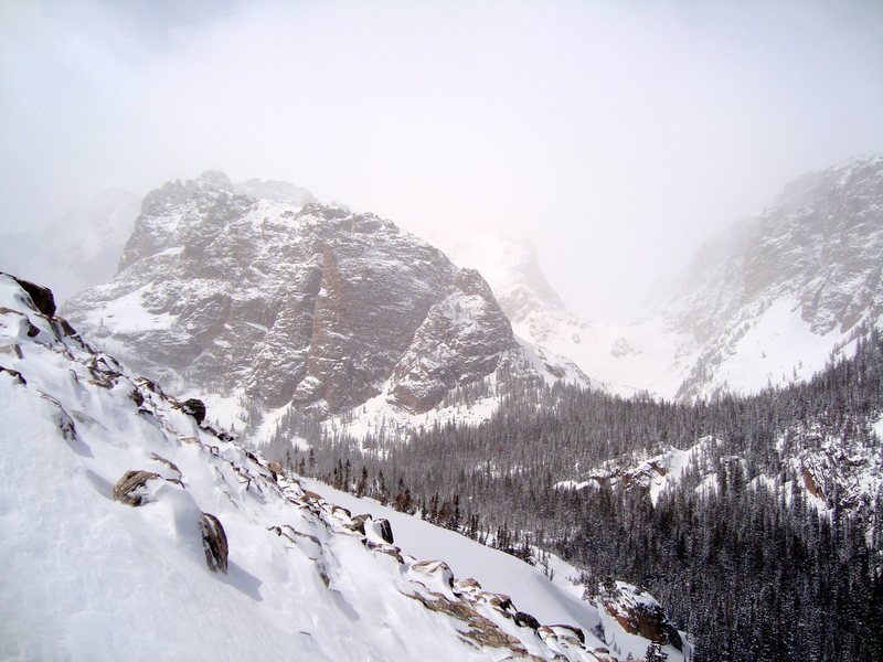 Otis Peak on the right and part of the Cathedral Spires rock on Taylor Peak as seen from above the Loch, Loch Vale, RMNP, CO 4/5/09