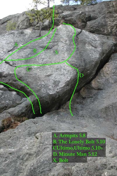 slabby routes on the Armpits butress... The Armpits crack is highly recomended... the other stuff is great if you like sleep slab/low angle face climbing...