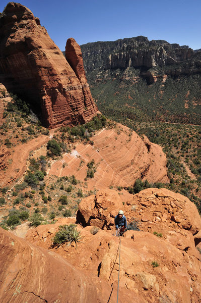 Dana Ikeda belaying from pitch 3