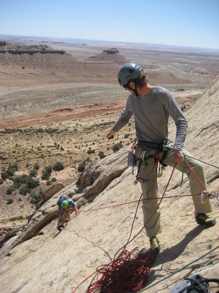 Steave belaying Pat at the top of the second pitch